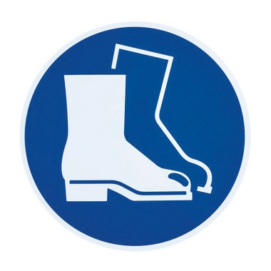 Gebotsschild „Fußschutz benutzen“, Ø 100 mm, Folie, selbstklebend